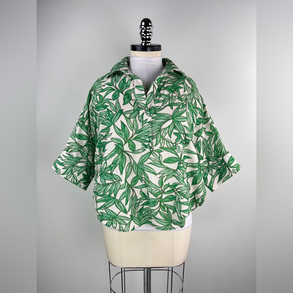 💚 3510. Oversized Collared Leaf Print Blouse